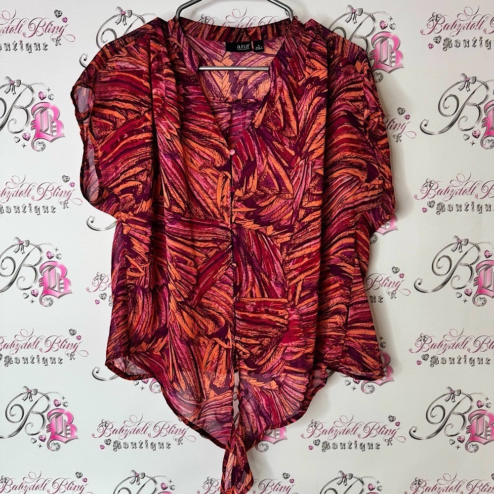 a.n.a Women's Vibrant Pink and Orange Blouse tropical leaf’s button up